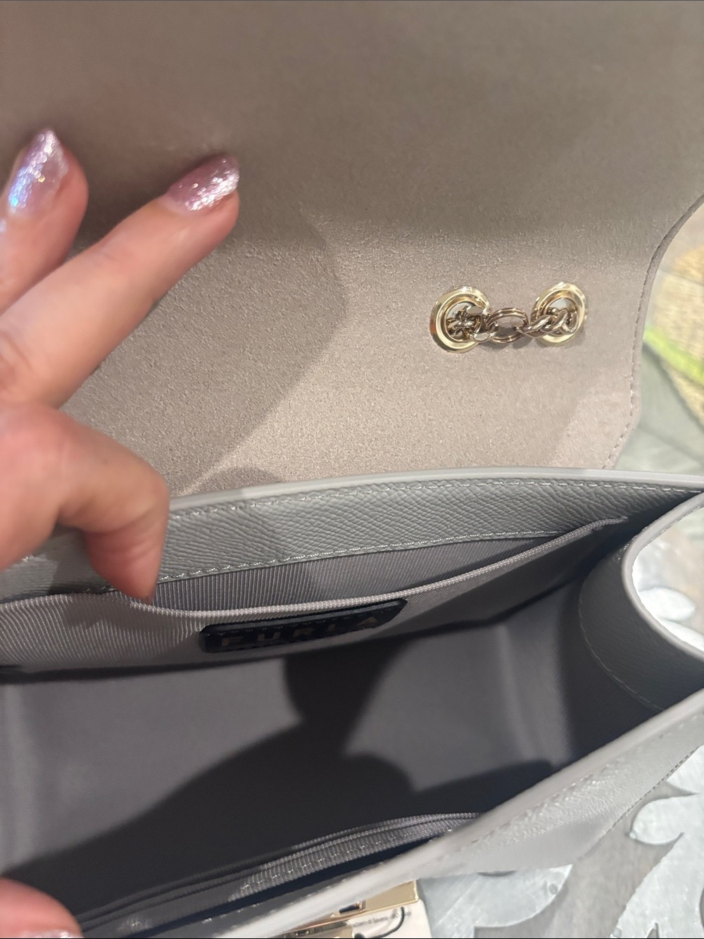 New Furla Light Gray Saffiano Leather Crossbody with Gold Chain/hardware & dusty - Picture 6 of 13